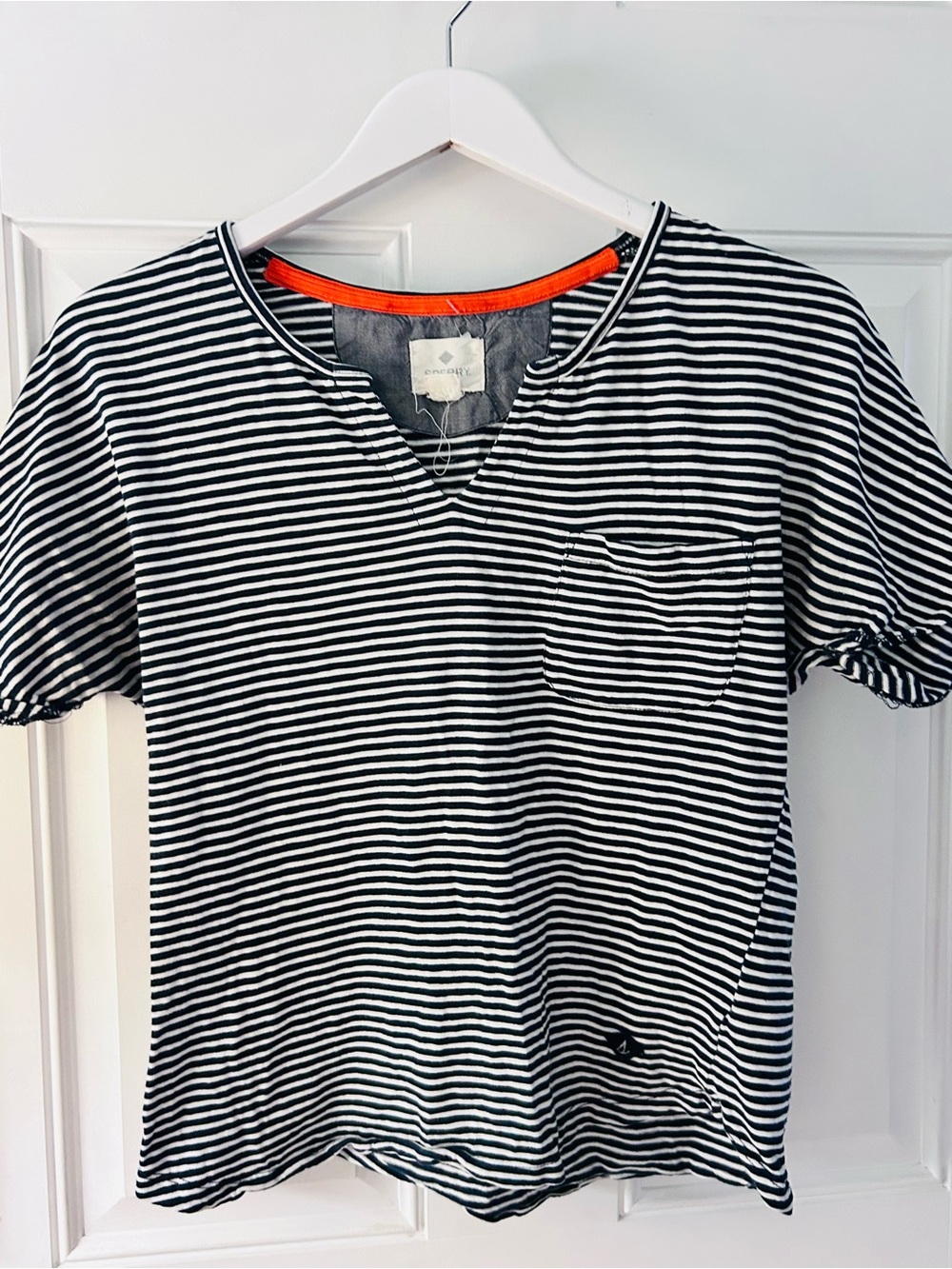 Sperry Black & White Striped Short Sleeve Pocket Tee with Orange Neck Trim